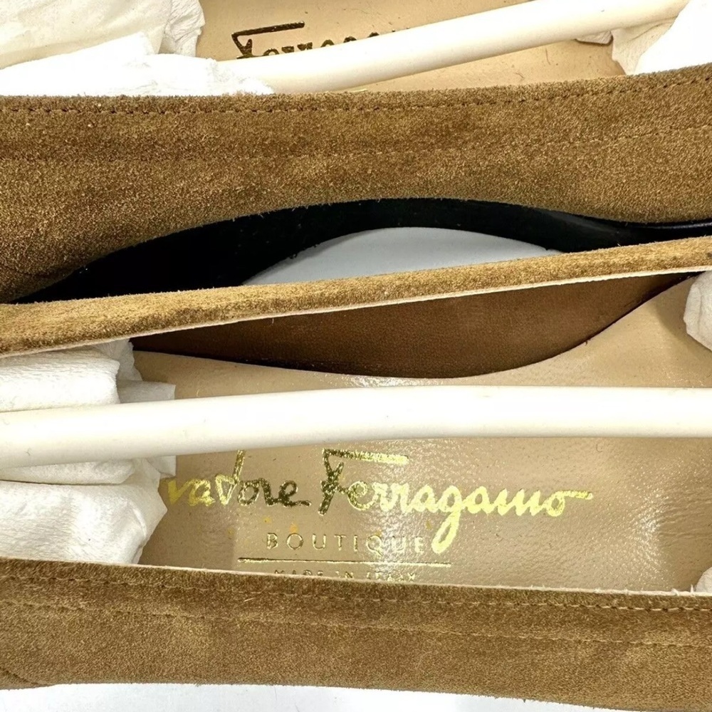 NEW Salvatore Ferragamo Suede Logo Wedge Shoes Womens 5.5 Reg Width Tan Brown - Picture 7 of 12